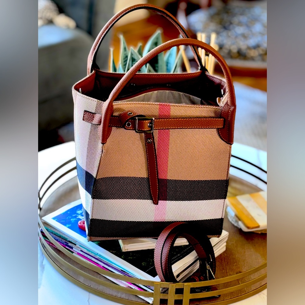 Inspired Leather and Canvas Plaid Handbag